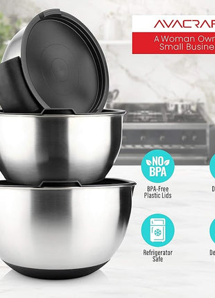 AVACRAFT 18/10 Stainless Steel Mixing Bowls with Lids, non slip silicone base bowls with Handle, Mixing Bowl Set with Pour Spouts & Measurement Marks, Home Essentials Cooking Bowls, (Black)