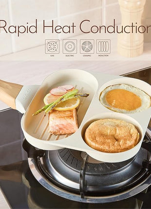 CAROTE Egg Pan Omelette Pan, 3-In-1 Divided Nonstick Grill Pan, Pancake Pan and Healthy Egg CookerSuitable for Gas Stove & Induction Cookware, White Granite