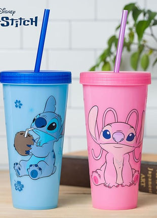 Silver Buffalo Disney Lilo and Stitch Angel Coconut Flowers 2 Pack Color Change Plastic Tumbler, 24-Ounce