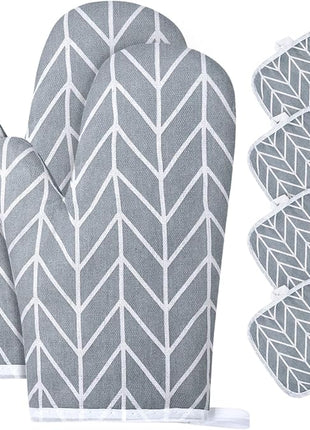 AUAUY Oven Mitts and Pot Holders 6PCS Set, 392°F Heat Resistant Cooking Gloves and Hot Pads Baking Mittens BBQ Gloves, Top Kitchen Gadgets, Non-Slip Kitchen Mittens for Oven Cooking Baking Grilling