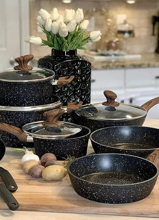 Kitchen Academy Induction Cookware Sets - 12 Piece Cooking Pan Set, Granite Black Nonstick Pots and Pans Set