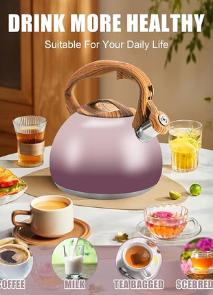 Tea Kettle for Stove Top, 3.2QT Whistling Tea Pots with Wood Parttern Handle, Stainless Steel Teapot for Home and Kitchen (Purple Gradient)