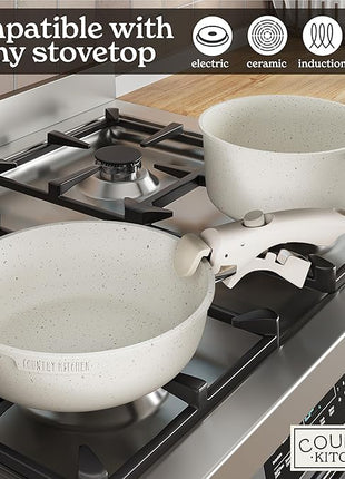 Country Kitchen Cookware Set with Removable Handle, Oven & RV Safe Pots and Pans Set, Cream, Original