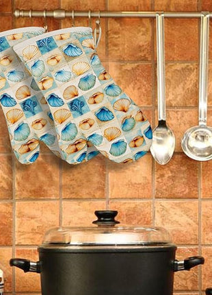 Oven Mitts Gloves 1 Pair Heat Resistant 480 ℉ Non Slip Clear Silicone Printed Shell Comfortable Cotton Lining Kitchen Men Cooking Barbecue Machine Washable (Shell, Beige Mitts)