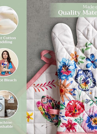 Maison d' Hermine 100% Cotton Oven Mitt & Pot Holder Set (7.5"x13" & 8"x8") Heat Resistant BBQ Cooking Gloves with Loop, Grilling, Kitchen, Handling Hot Pan Spring/Summer (Happy Florals - High Summer)