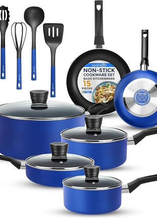 SereneLife 15-Pc Blue Nonstick Cookware Set, Heat-Resistant Pots & Pans Set with Lids, Dishwasher Safe, Includes Matching Utensils