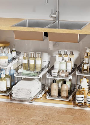 Delamu 2-Tier Multi-Purpose Bathroom Under Sink Organizers and Storage, Stackable Kitchen Pantry Organization, Pull Out Medicine Cabinet Organizer with Movable Dividers, Grey, 4 Pack