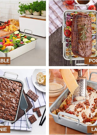 P&P CHEF 14" Roaster Roasting Pan with Baking Rack and V-shaped Rack, Stainless Steel Rectangular Lasagna Pan with Handles for Turkey Chicken, Healthy & Dishwasher Safe, 3 Pieces, Silver