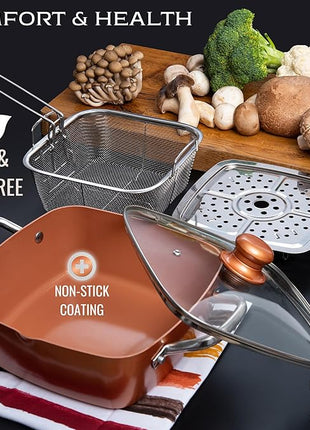 Moss & Stone 6 Pcs Copper Chef Cookware Non Stick Deep Frying Pan 9.5" x 3.5", Fry Basket, Steamer Rack, Dishwasher & Oven Safe, 5 Qt Deep Square Pot & Non Stick Pan, Induction Copper Cookware Set