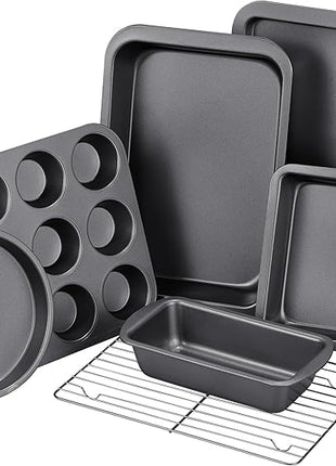 KITESSENSU Baking Pans Sets, Nonstick Bakeware Sets 7-Piece with Round/Square Cake Pan, Loaf Pan, Muffin Pan, Cookie Sheet, Roast Pan, Cooling Rack, Carbon Steel Bake Set