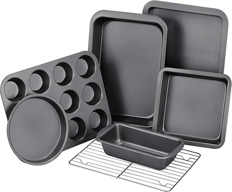 KITESSENSU Baking Pans Sets, Nonstick Bakeware Sets 7-Piece with Round/Square Cake Pan, Loaf Pan, Muffin Pan, Cookie Sheet, Roast Pan, Cooling Rack, Carbon Steel Bake Set