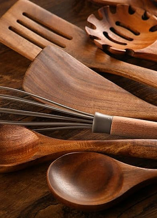 Wooden Spoons for Cooking, 10 Pcs Wooden Utensils for Cooking, NAYAHOSE Natural Teak Wood Spoons, Non-Stick Comfort Grip Kitchen Utensils Set