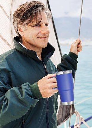 20 oz Stainless Steel Tumbler with Handle Bulk Metal Insulated Tumblers Travel Coffee Mug with Handle Double Wall Tumbler Cup with Lid and Straw, Blue 6 Pack