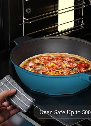 TIBORANG 8 in 1 Multipurpose 11 Inch 5 Quart Heat Indicator Nonstick Deep Frying Pan with Glass Lid,Steamed Grid,PFOA-Free,Dishwasher&Oven Safe,Works with All Stovetops (Dark Teal)