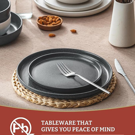 Famiware Milkyway Plates and Bowls Sets, 12 Pieces Dinnerware Sets, Reactive Glaze Dish Set, Stoneware Dishes Set for 4, Matte Beige White & Matte Dark Charcoal