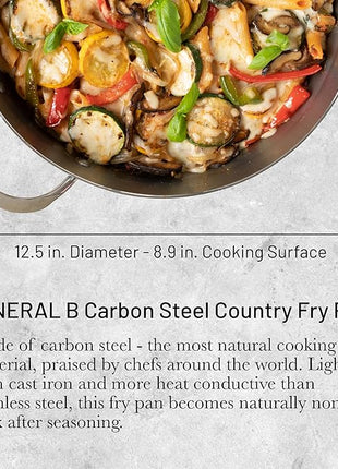 de Buyer MINERAL B Carbon Steel Country Fry Pan - 12.5” Diameter, 8.9” Cooking Surface - Ideal for Sauteing, Simmering, Deep Frying, Stir Frying, One-Pan Meals - PFAS, PFOA, PFOS Free - Made in France