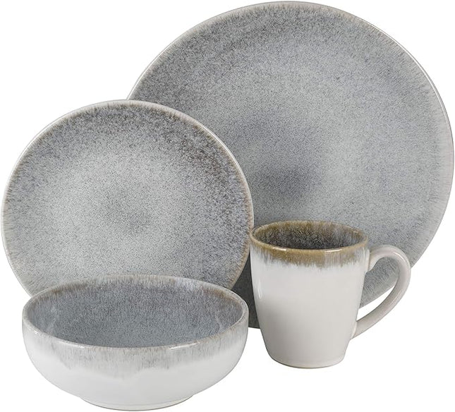 Gibson Elite Kashmir Round Reactive Glaze Stoneware, Dinnerware Set, Service for Four (16pcs), White w/ Blue Speckle