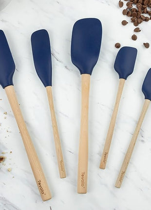 Tovolo Silicone Spatula with Wooden Handle Set of 5 Piece Silicone Kitchen Utensil Set Spoonula Jar Scraper Mini Spatula and Spoonula for Cooking Baking Mixing Folding Deep Indigo