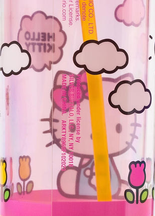 Silver Buffalo Sanrio Hello Kitty Spring and Summer Flowers Rainbow Stripes Plastic Cold Cup with Lid and Straw, 20 Ounces