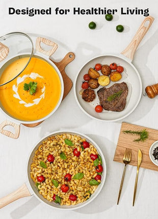 13 Pcs Pots and Pans Set, Nonstick Cookware Sets White Granite Induction Cookware, Non-toxic Healthy Non stick Kitchen Cooking Set with Frying Pans Set, Saucepans (PFAS/PFOA/PFOS Free)