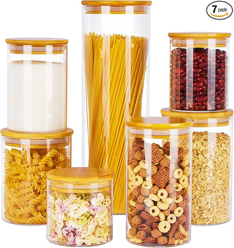 Vtopmart Glass Food Storage Jars, 7 Pack Kitchen Containers with Airtight Bamboo Wooden Lids for Pasta, Cookies, Nuts, Coffee Beans, Cereal, Canisters Set for Flour, Pantry Organization, BPA Free