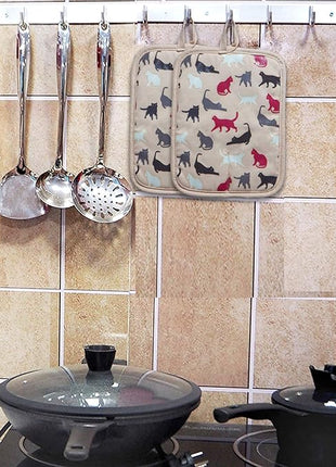 Pot Holders Set of 2 Heat Resistant 480 ℉ Kitchen Non Slip Clear Silicone Printed Comfortable Cotton Lining Women Men Cooking Barbecue Microwave Machine Washable (Cat, Khaki Potholders)