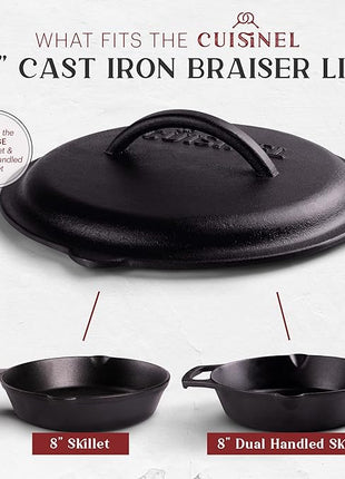Cuisinel Cast Iron Lid - Fits 8"-Inch / 20.32cm Lodge Skillet, Frying Pans or Braiser + Silicone Handle Holder + Care Guide - Pre-Seasoned Replacement Cover - Indoor/Outdoor, Oven, Open Fire, BBQ Safe