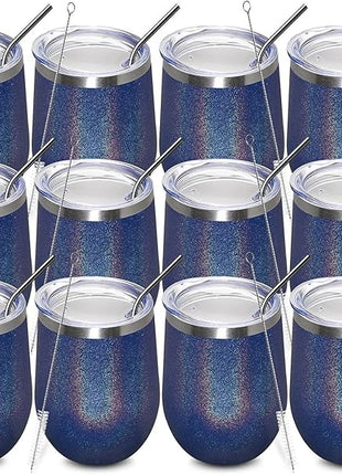 MEWAY 12oz/12 Pack Wine Tumbler Glasses with Lid - Stemless Double Wall Vacuum Stainless Steel Glitter Tumbler - Keeping Cold & Hot Cup for Coffee,for Women(Rainbow Navy,Set of 12)
