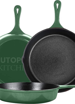 Utopia Kitchen Cast iron Skillets 3 Piece Set, Chefs Pan, Pre Seasoned Cast iron Skillets, 6, 8 & 10 Inches, Easy Use in the Oven, Stove, Grill, or Campfire, Green