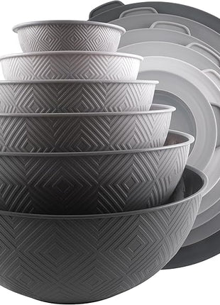 COOK WITH COLOR Mixing Bowls with Lids - 12 Piece Plastic Nesting Bowls Set includes 6 Prep Bowls and 6 Lids, Rhombus Design - Microwave Safe (Grey)