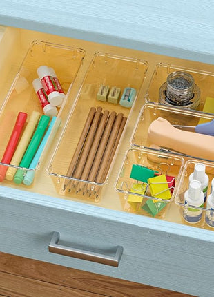 WOWBOX 9 Pack Clear Drawer Organizer Set, Acrylic Drawer Storage Trays, Storage Bins for Makeup, Cosmetics, Jewelries, Utensils, Gadgets, Office, Champagne