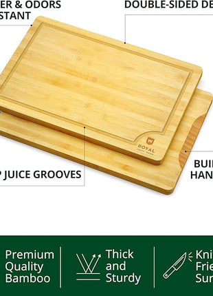 ROYAL CRAFT WOOD Wooden Cutting Boards for Kitchen Meal Prep & Serving - Bamboo Wood Serving Board Set with Deep Juice Groove Side Handles - Charcuterie & Chopping Butcher Block for Meat