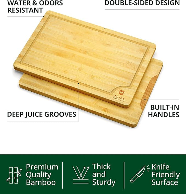 ROYAL CRAFT WOOD Wooden Cutting Boards for Kitchen Meal Prep & Serving - Bamboo Wood Serving Board with Deep Juice Groove Side Handles - Charcuterie & Chopping Butcher Block for Meat