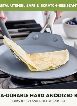 GreenPan Valencia Pro 9.5" Nonstick Crepe Pan, PFAS-Free Ceramic Flat Pancake Skillet, Induction Ready Cookware, Hard Anodized, Dishwasher & Oven Safe, Gray