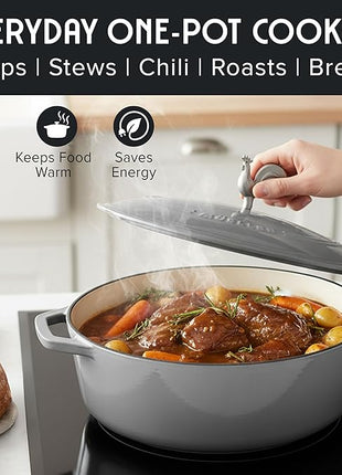 MUELLER HOME 5.5 Quart Enameled Cast Iron Oval Dutch Oven with Rooster Knob & Cotton Potholders, Heavy-Duty Cookware, Oven-Safe up to 500° F & Across All Cooktops, Gifts for Grandma & Women, Gray