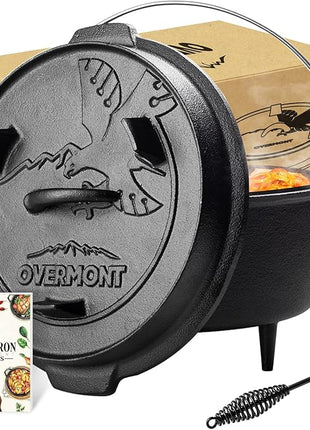 Overmont Camp Dutch Oven Pre Seasoned Cast Iron Lid Also a Skillet Casserole Pot with Lid Lifter for Camping Cooking BBQ Baking 6QT(Pot+Lid)