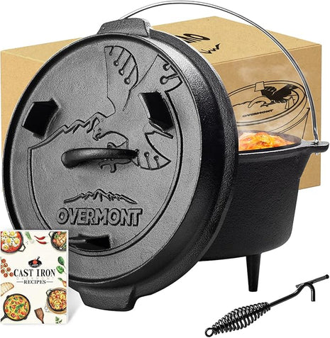 Overmont Camp Dutch Oven Pre Seasoned Cast Iron Lid Also a Skillet Casserole Pot with Lid Lifter for Camping Cooking BBQ Baking 6QT(Pot+Lid)