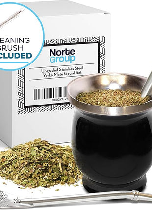Norte Yerba Mate Cup Kit, 8-Ounces Traditional Mate Tea Cup/Gourd Set | Includes 2 Bombillas (Yerba Mate Straw) & Cleaning Brush, Stainless Steel Cup, Double-Walled, Easy to Clean | Black