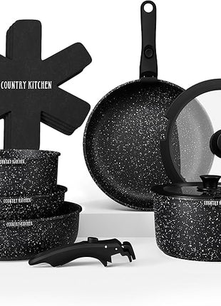 Country Kitchen Cookware Set with Removable Handle, Oven & RV Safe Pots and Pans Set, Black, Original