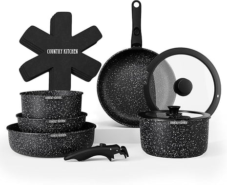 Country Kitchen Cookware Set with Removable Handle, Oven & RV Safe Pots and Pans Set, Black, Original