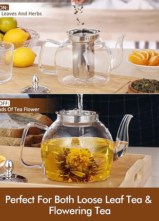 HIWARE 1000ml Glass Teapot with Removable Infuser, Stovetop Safe Tea Kettle, Blooming and Loose Leaf Tea Maker Set