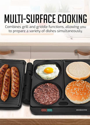 OVENTE Sandwich Maker and Hamburger Grill Machine with Non-Stick Griddle and Griller Plate, 1000W Electric Multipurpose Breakfast Station for Sandwiches, Burgers, Egg Muffin & Pancakes, Black HMG111B