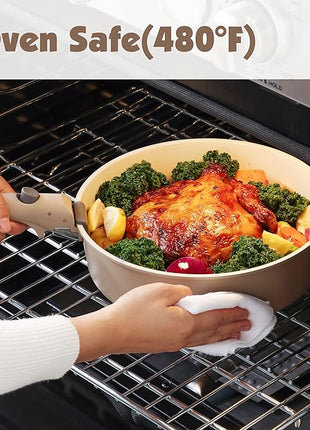 SENSARTE 17 Piece Ceramic Pots and Pans Set, Nonstick Detachable Handle Cookware, Induction Kitchen Cookware Set with Removable Handle, Dishwasher ＆ Oven Safe (Almond Beige)