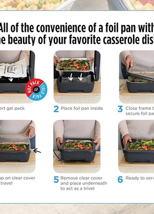 Fancy Panz - Blue Marble Premium Aluminum Foil Pan Carrier with Lid & Hot/Cold Pack - Elevated Food Serving Tray - Portable Casserole Carrier with Lid - Made in the USA Hosting Essentials