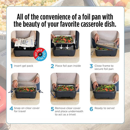 Fancy Panz - Blue Marble Premium Aluminum Foil Pan Carrier with Lid & Hot/Cold Pack - Elevated Food Serving Tray - Portable Casserole Carrier with Lid - Made in the USA Hosting Essentials