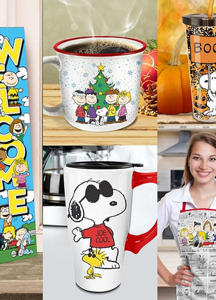Spoontiques - Ceramic Travel Coffee Mug with Lid and Handle - Spill Proof Lid - Double Walled Mug for Hot and Cold Beverages - Microwave and Dishwasher Safe - Snoopy