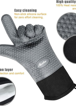 Silicone Cooking Gloves, Grilling Gloves, Heat Resistant Gloves BBQ Kitchen Silicone Oven Mitts, Long Waterproof Non-Slip Potholder for Barbecue, Cooking, Baking