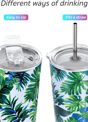 THILY Tumbler Stainless Steel Coffee Cup 26 oz Triple-Insulated Travel Mug with Splash-Proof Lid, for Ice Drinks and Hot Beverage Smoothies Cup, Green Plants