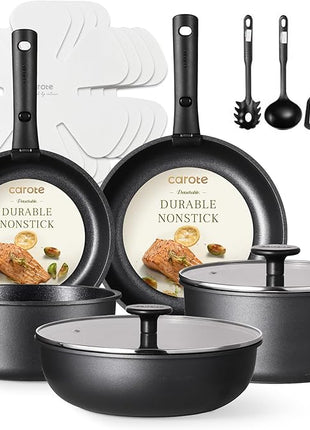 CAROTE 17Pcs Pots and Pans Set Non Stick, Cookware Set Detachable Handle, Nonstick Induction Kitchen Sets Non Stick with Removable Handle, RV Cook Ware, Oven Safe, Black
