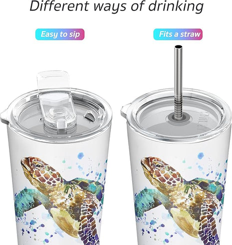 THILY Stainless Steel Vacuum Insulated Tumbler Travel Mug 26 oz Coffee Cup with 2 Lids and Straws, Splash Proof, Keep Ice Drinks Cold, Sea Turtle